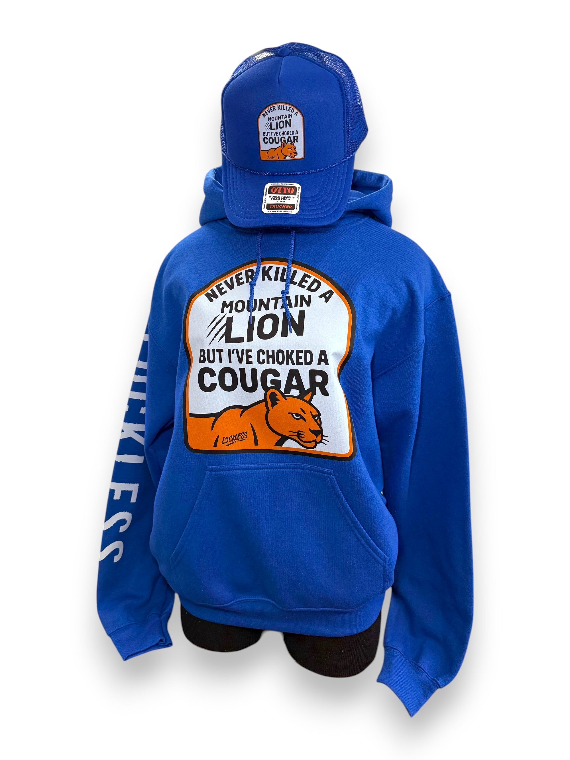 I've Never Killed A Mountain Lion But I've Choked a Cougar | Funny Men's Blue Graphic Hoodie